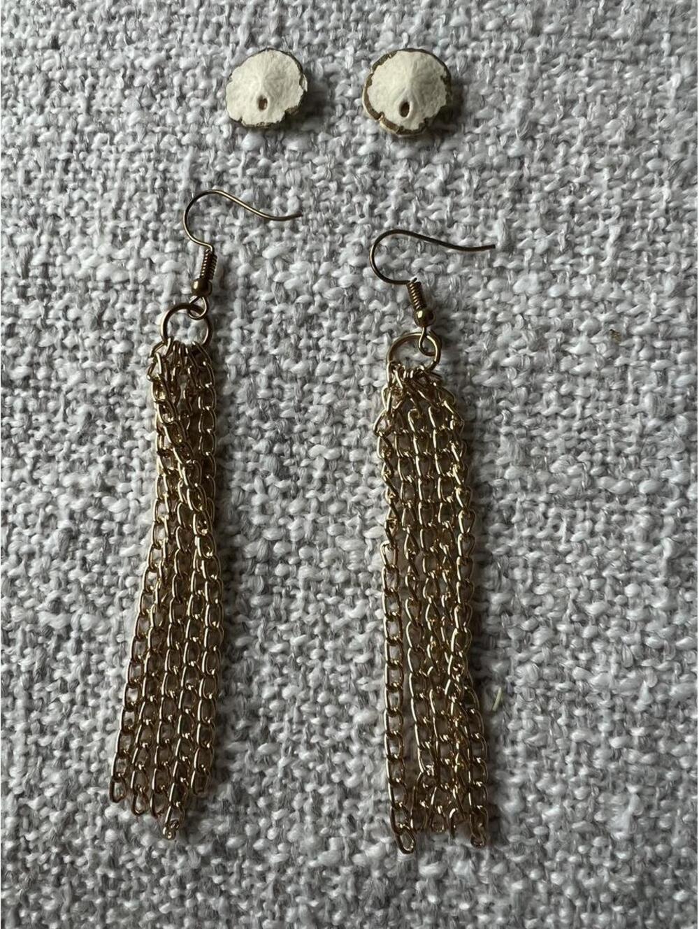 Sand Dollar & Gold Tone Chain Tassel Earrings